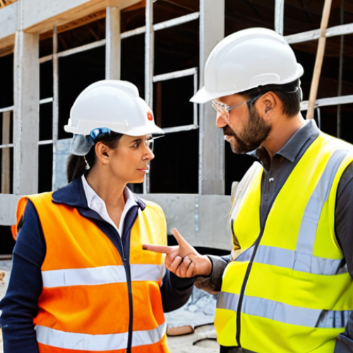 Home 16 **Prompt:** A seasoned construction safety professional, wearing a high-visibility vest and helmet, actively engaging with a diverse team of workers on a bustling modern Italian construction site. The scene emphasizes the human element of safety, with the professional pointing to a detail on a structure or a piece of equipment, fostering open dialogue and a shared sense of responsibility. Workers are attentively listening, wearing their Personal Protective Equipment (PPE). The overall atmosphere should be one of proactive prevention and collaboration, highlighting the "art" of safety beyond mere compliance. Bright, natural lighting, Italian architectural context in the background.