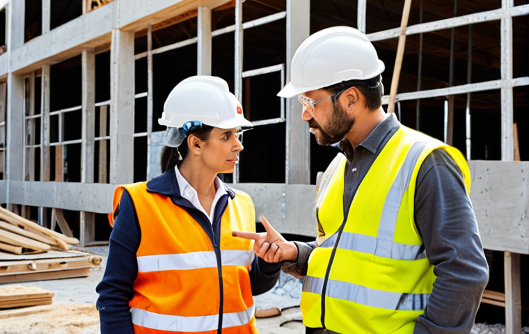 **Prompt:** A seasoned construction safety professional, wearing a high-visibility vest and helmet, actively engaging with a diverse team of workers on a bustling modern Italian construction site. The scene emphasizes the human element of safety, with the professional pointing to a detail on a structure or a piece of equipment, fostering open dialogue and a shared sense of responsibility. Workers are attentively listening, wearing their Personal Protective Equipment (PPE). The overall atmosphere should be one of proactive prevention and collaboration, highlighting the "art" of safety beyond mere compliance. Bright, natural lighting, Italian architectural context in the background.