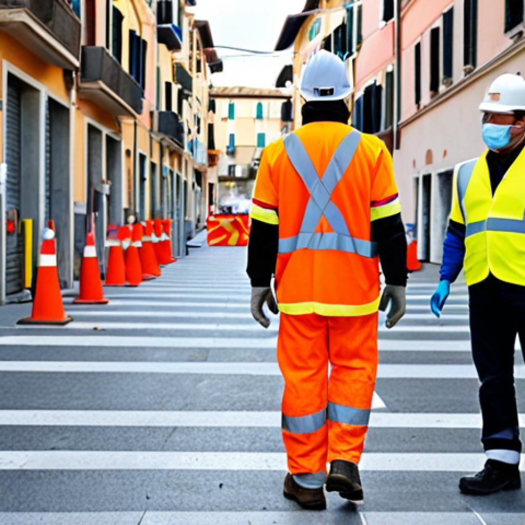 **
A bustling construction site in Italy, showcasing workers wearing appropriate PPE (helmets, safety vests, gloves). Clear safety signage is visible in the background, written in Italian. The image emphasizes a well-organized workspace with clearly marked pedestrian walkways separated from vehicle traffic. The scene should depict a safety meeting in progress, with workers actively participating. Focus on a positive and proactive safety culture.
**