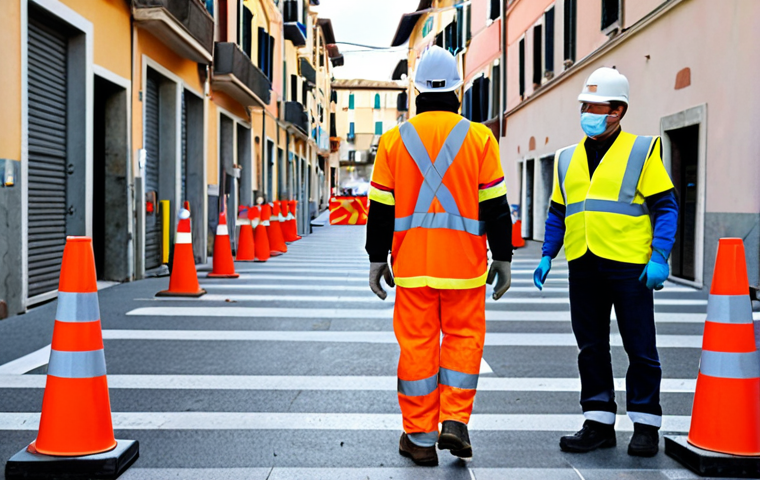 **

A bustling construction site in Italy, showcasing workers wearing appropriate PPE (helmets, safety vests, gloves). Clear safety signage is visible in the background, written in Italian. The image emphasizes a well-organized workspace with clearly marked pedestrian walkways separated from vehicle traffic. The scene should depict a safety meeting in progress, with workers actively participating. Focus on a positive and proactive safety culture.

**