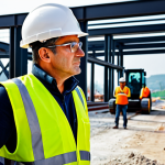 A professional safety expert, fully clothed in a modest hard hat, high-visibility vest, and workwear, standing on an active construction site in Italy. The expert is observing workers and heavy machinery, with a focused and experienced expression, conveying a sense of vigilance and responsibility. The background shows steel structures and concrete elements under construction. The image emphasizes practical, on-site experience. Professional photography, realistic, high quality, appropriate content, safe for work, perfect anatomy, correct proportions, natural pose, well-formed hands, proper finger count, natural body proportions.