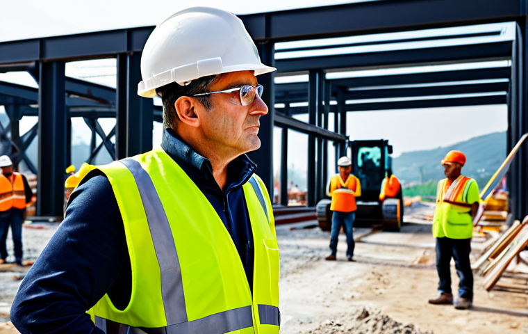 A professional safety expert, fully clothed in a modest hard hat, high-visibility vest, and workwear, standing on an active construction site in Italy. The expert is observing workers and heavy machinery, with a focused and experienced expression, conveying a sense of vigilance and responsibility. The background shows steel structures and concrete elements under construction. The image emphasizes practical, on-site experience. Professional photography, realistic, high quality, appropriate content, safe for work, perfect anatomy, correct proportions, natural pose, well-formed hands, proper finger count, natural body proportions.
