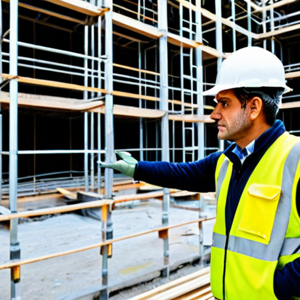 건설안전 실무 일지 작성법 - **Construction Site Safety Inspection:** A construction site inspector, fully clothed in appropriate...