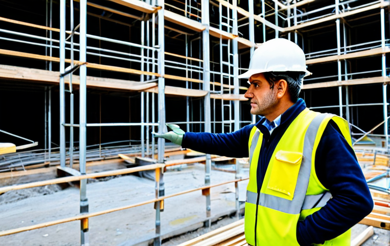 건설안전 실무 일지 작성법 - **Construction Site Safety Inspection:** A construction site inspector, fully clothed in appropriate...