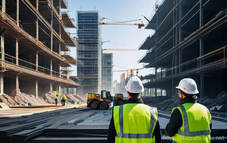 건설현장 안전사고 예방 사례 - **Prompt:** A dynamic, bright, and futuristic construction site in a modern European city. The scene...