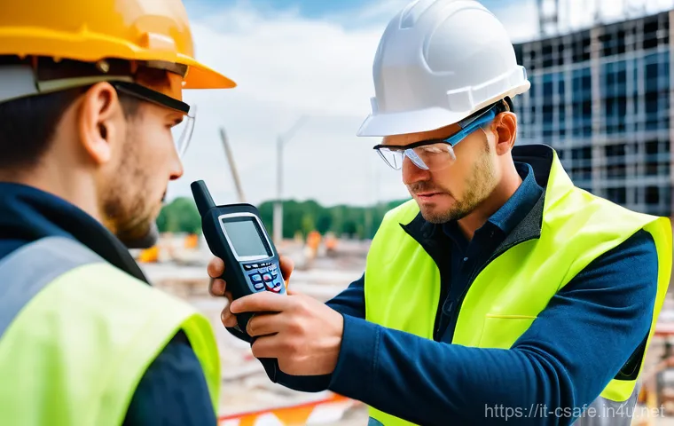 건설안전기사 실기에서 필요한 장비 준비 - **A highly detailed, realistic image of a focused safety engineer on a modern construction site. The...