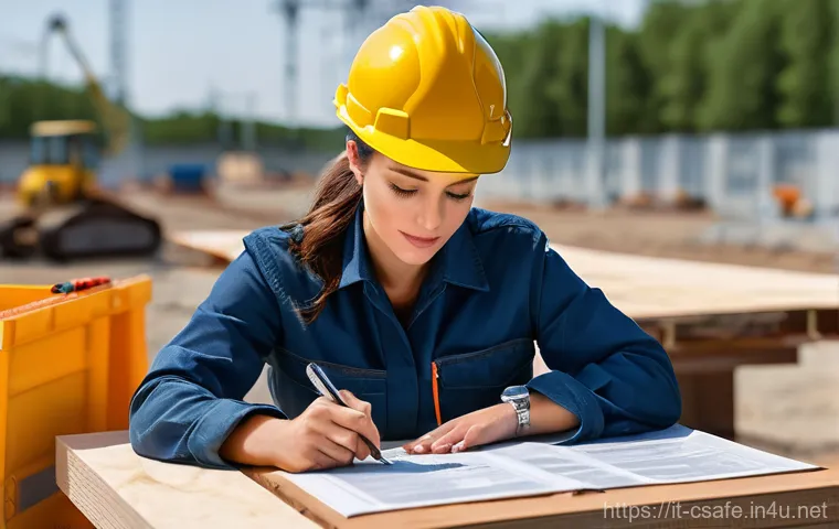 건설안전기사 실기에서 필요한 장비 준비 - **A highly detailed, realistic image of a focused safety engineer on a modern construction site. The...