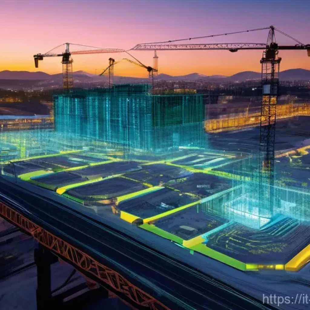 건설안전 실무의 최신 기술 및 트렌드 - **AI as a Silent Guardian of the Construction Site:**
"A photorealistic, high-angle shot of a sp...