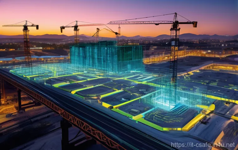 건설안전 실무의 최신 기술 및 트렌드 - **AI as a Silent Guardian of the Construction Site:**
"A photorealistic, high-angle shot of a sp...