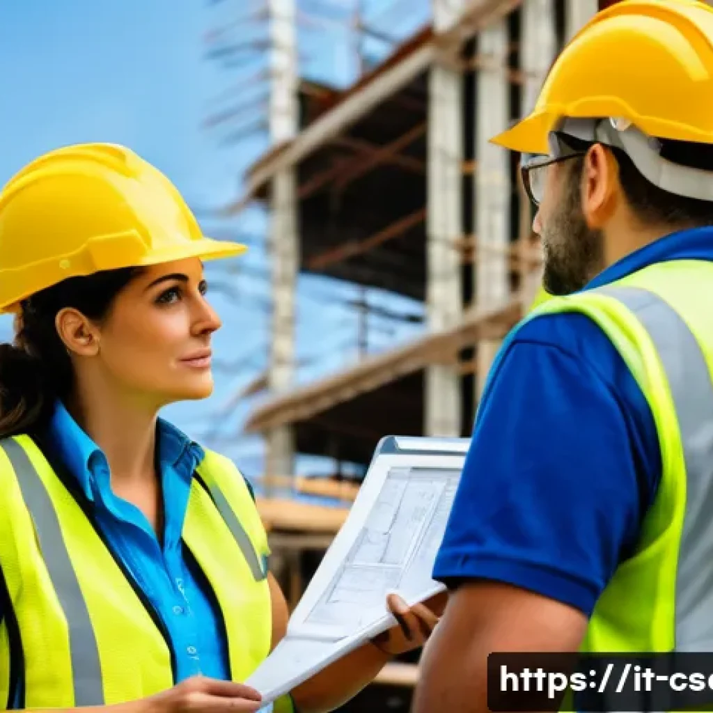 건설안전기사로 경력을 쌓아가는 방법 - A determined Italian female construction safety engineer, in her late 30s, stands confidently on a b...