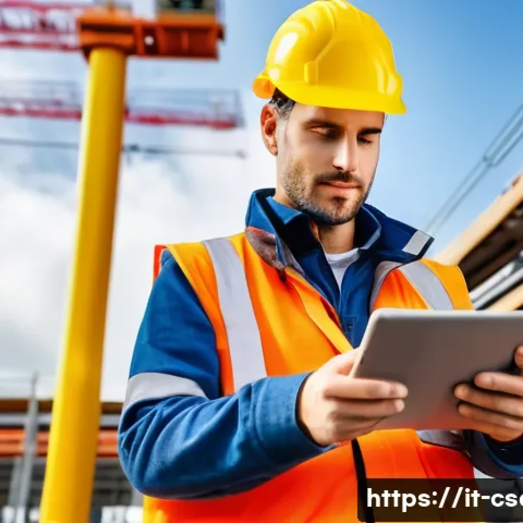 건설안전기사로 경력 전환 성공 사례 - A professional construction safety technician wearing high-visibility workwear and a hard hat equipp...