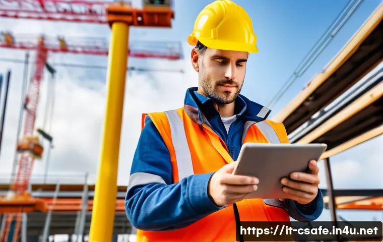 건설안전기사로 경력 전환 성공 사례 - A professional construction safety technician wearing high-visibility workwear and a hard hat equipp...