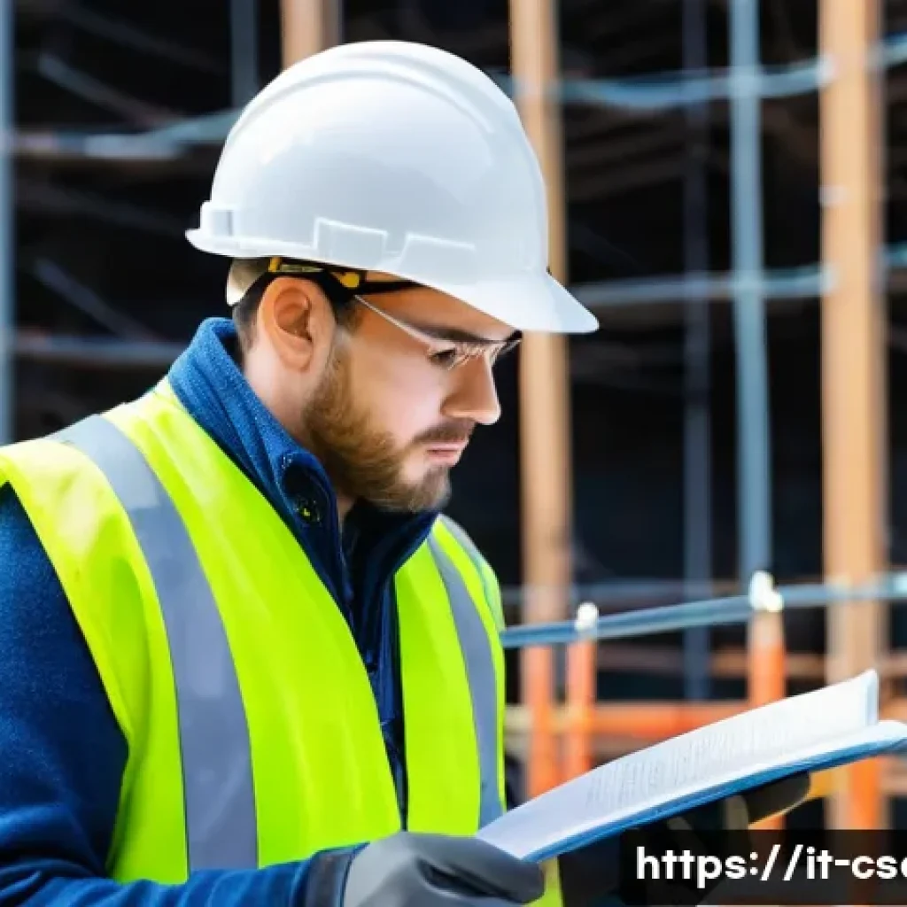 건설안전기사 필기 및 실기 추천 강의 - A professional safety technician conducting a practical training session on a construction site, wea...