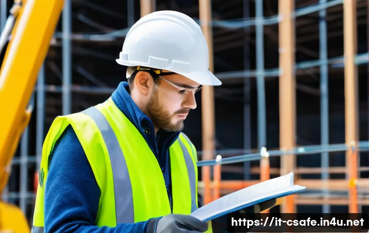건설안전기사 필기 및 실기 추천 강의 - A professional safety technician conducting a practical training session on a construction site, wea...