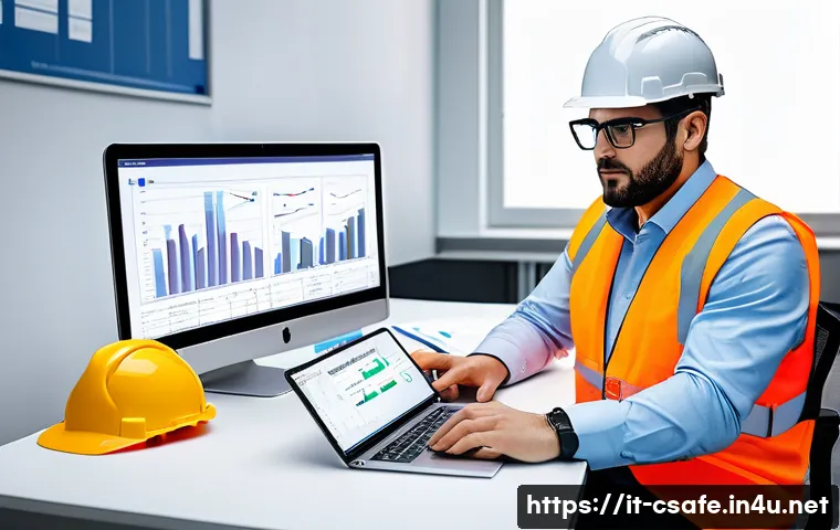 건설안전기사 자격증으로 창업 성공 사례 - A professional Italian construction safety technician working independently in a modern office, surr...