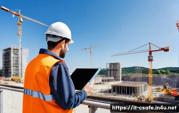 건설안전기사로 업계에서 인정받는 비결 - A professional safety technician wearing high-visibility workwear and a safety helmet with built-in ...