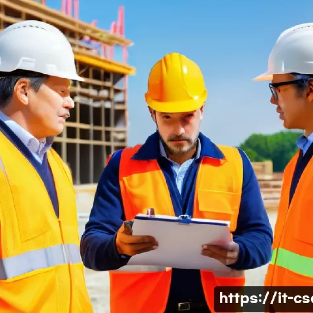 건설안전 실무에서 팀 관리 경험 나누기 - A construction site team meeting outdoors under clear daylight, featuring a diverse group of workers...