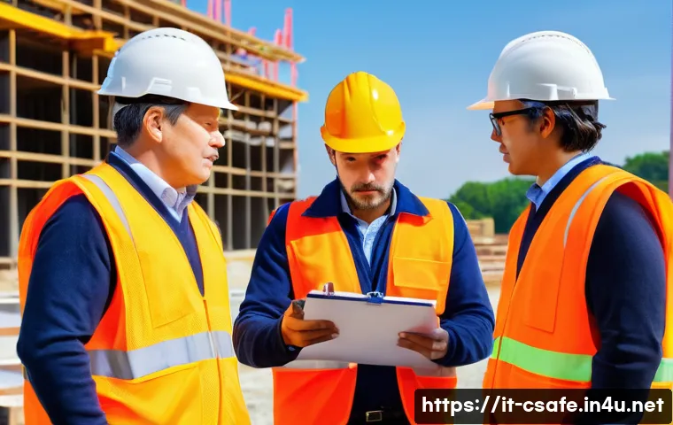 건설안전 실무에서 팀 관리 경험 나누기 - A construction site team meeting outdoors under clear daylight, featuring a diverse group of workers...