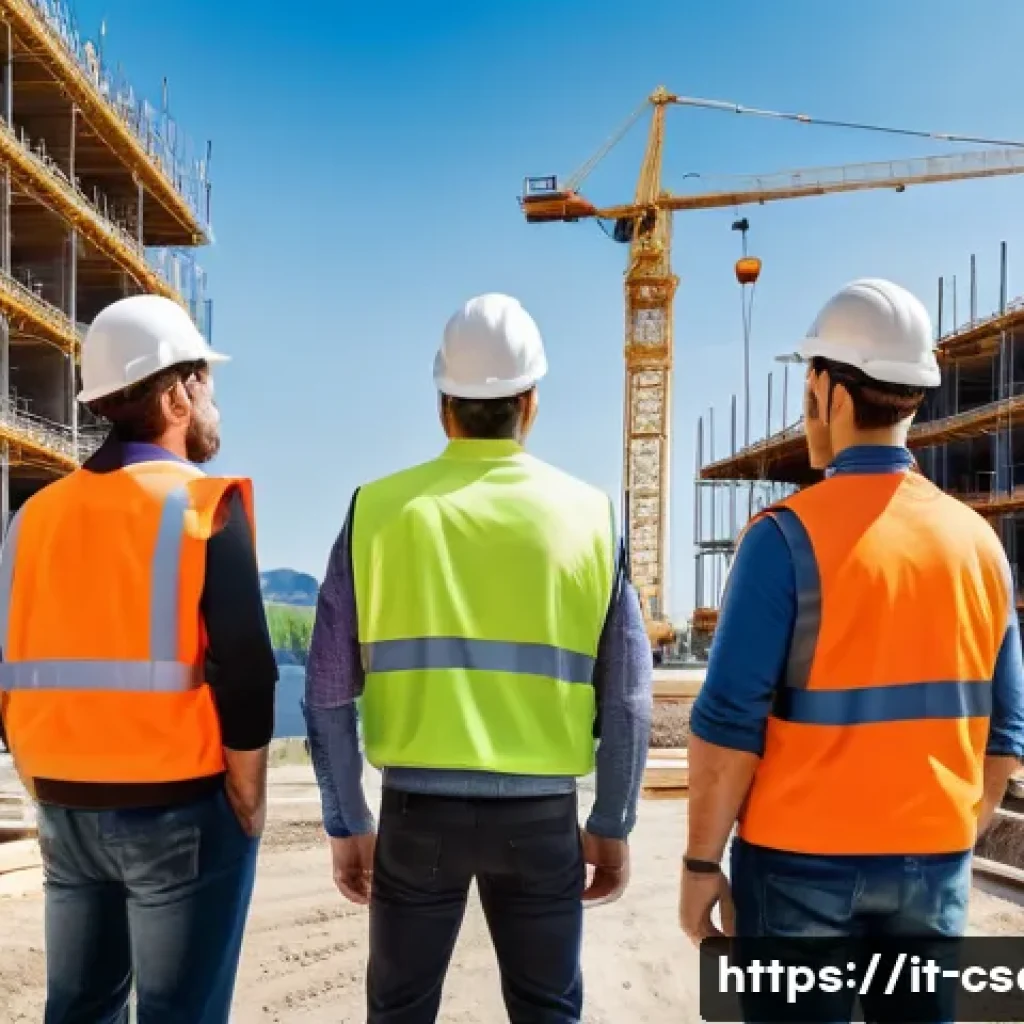 건설안전기사 자격증으로 업계 인맥 쌓는 법 - A construction site scene in Italy during a sunny day, featuring diverse workers wearing high-visibi...