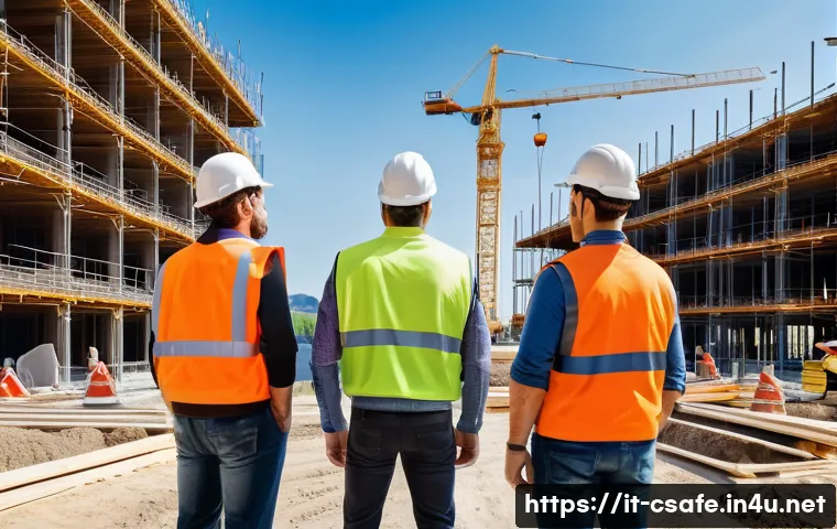 건설안전기사 자격증으로 업계 인맥 쌓는 법 - A construction site scene in Italy during a sunny day, featuring diverse workers wearing high-visibi...