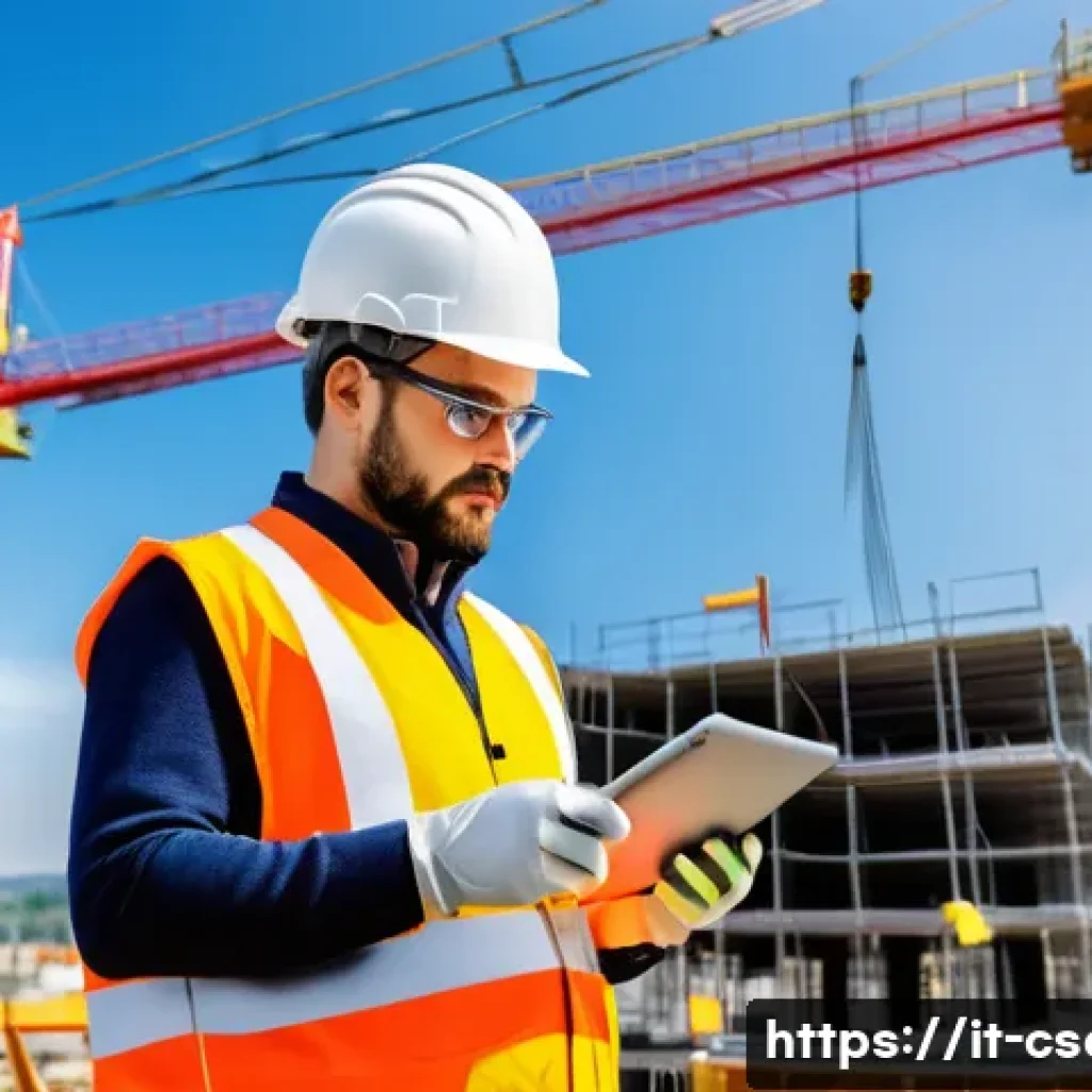건설안전기사와 관련된 최신 시험 정보 - A professional construction site safety technician wearing high-visibility safety vest, hard hat, sa...