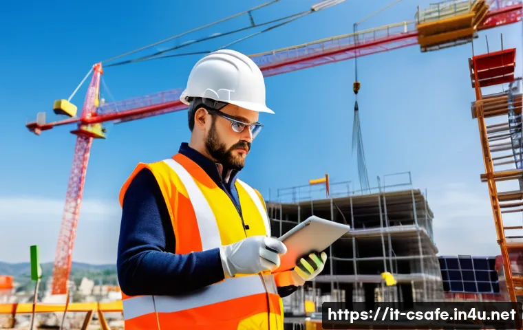 건설안전기사와 관련된 최신 시험 정보 - A professional construction site safety technician wearing high-visibility safety vest, hard hat, sa...