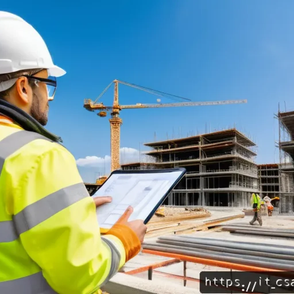 건설안전기사로 갈 수 있는 산업별 진출 현황 - A professional safety technician wearing high-visibility workwear and a hard hat with safety glasses...