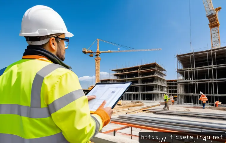 건설안전기사로 갈 수 있는 산업별 진출 현황 - A professional safety technician wearing high-visibility workwear and a hard hat with safety glasses...