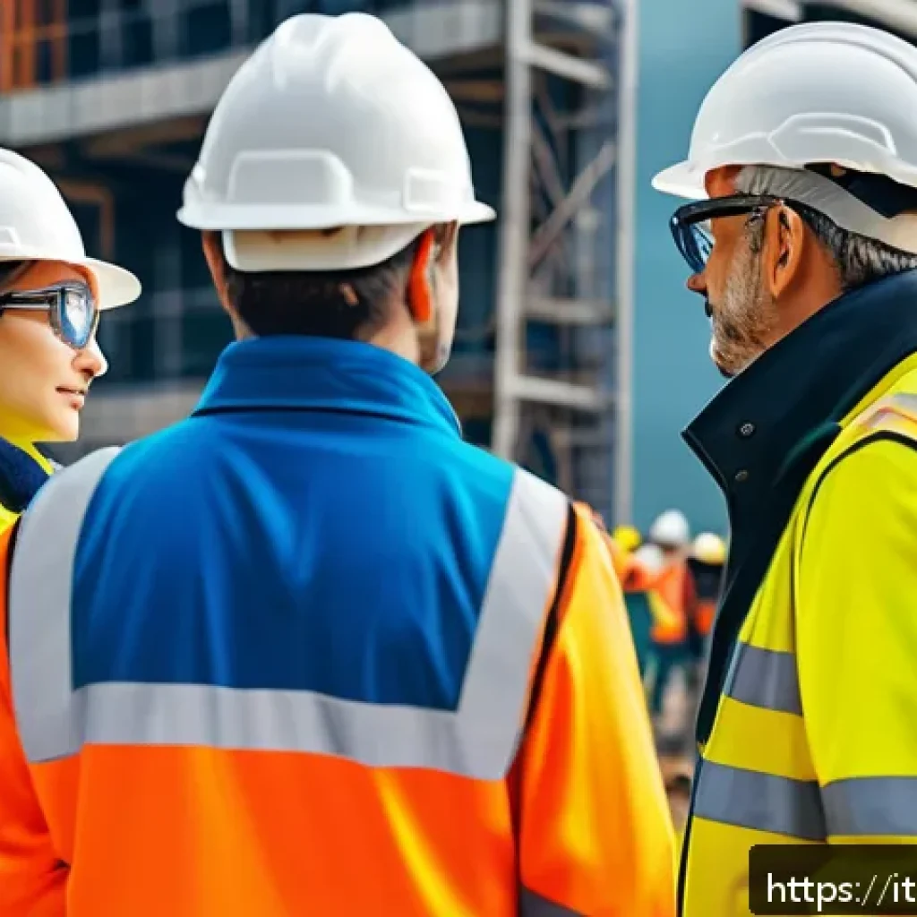 건설안전기사와 관련된 산업별 채용 동향 - A busy Italian construction site featuring diverse safety technicians wearing high-visibility jacket...