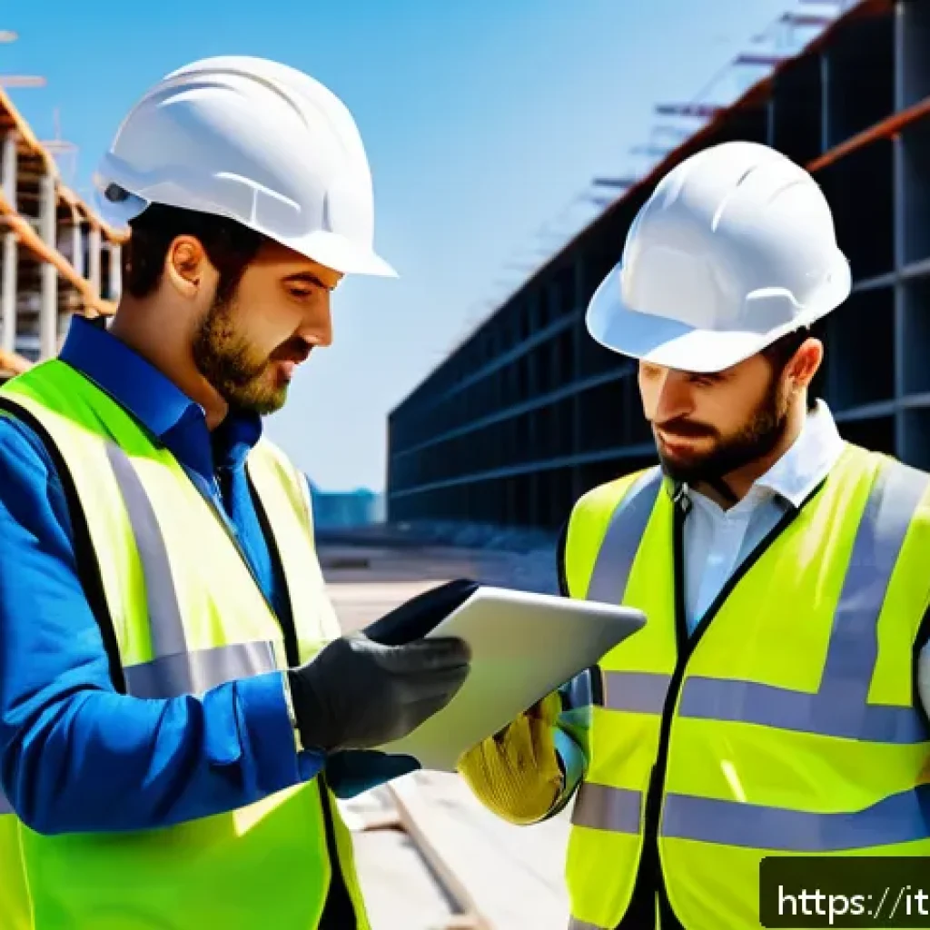 건설안전기사 자격증 취득 후 직무 활용도 - A detailed construction site scene featuring a diverse team of workers wearing safety helmets, refle...