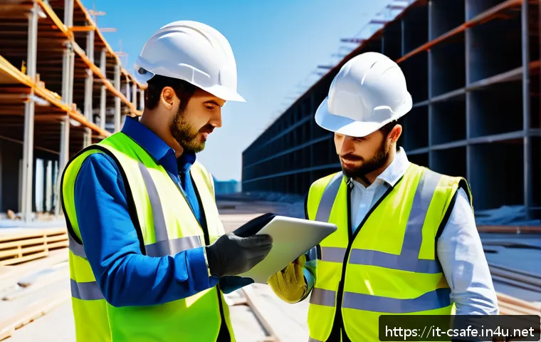 건설안전기사 자격증 취득 후 직무 활용도 - A detailed construction site scene featuring a diverse team of workers wearing safety helmets, refle...
