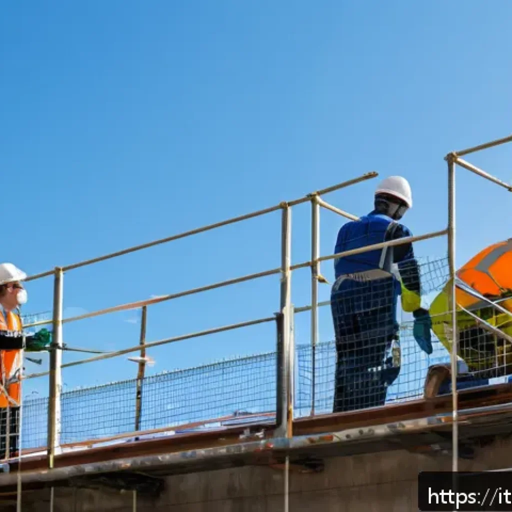 건설안전기사 초보자를 위한 개념 정리 - A detailed construction site scene in Italy showing workers wearing full personal protective equipme...