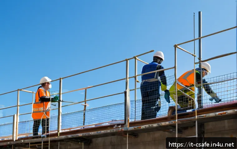 건설안전기사 초보자를 위한 개념 정리 - A detailed construction site scene in Italy showing workers wearing full personal protective equipme...