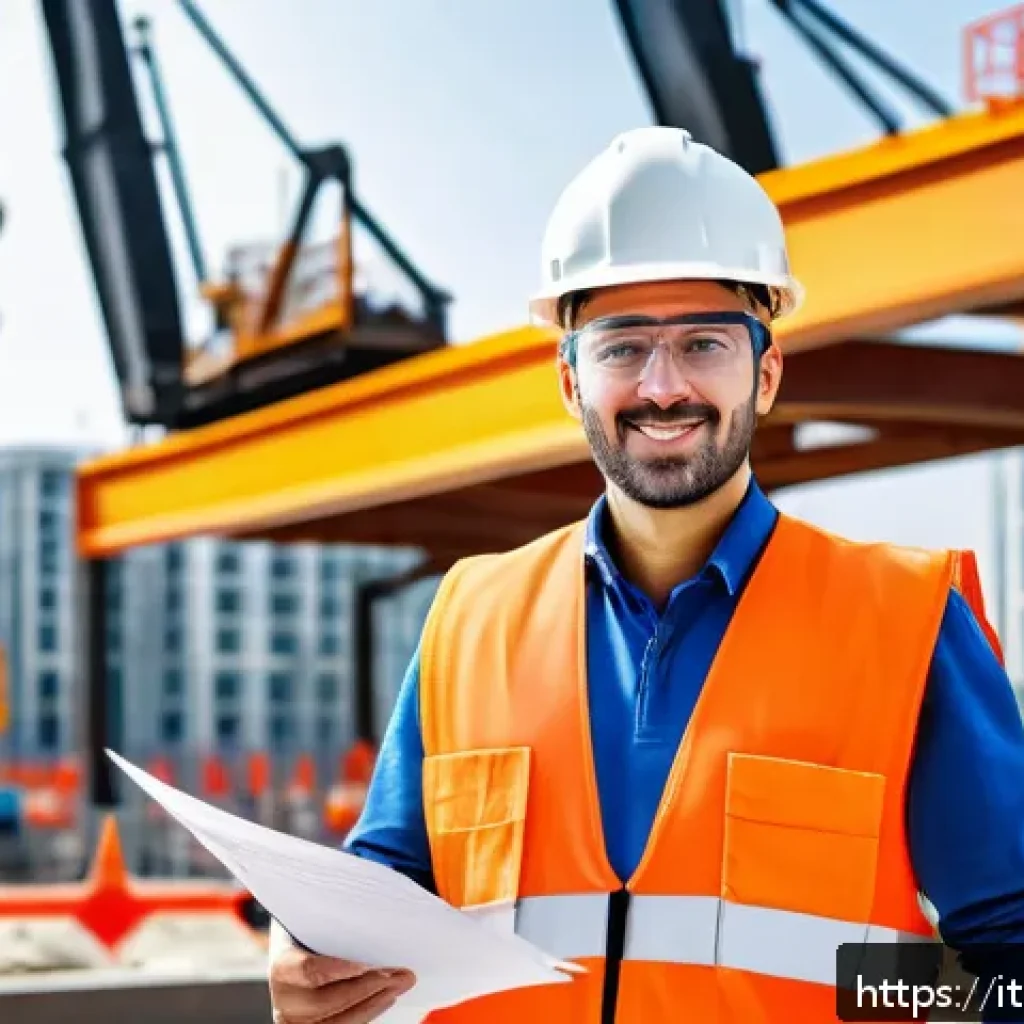 건설안전기사 취득 후 해외 진출 가능성 - A professional construction worker wearing a high-visibility safety vest, hard hat, and safety glass...