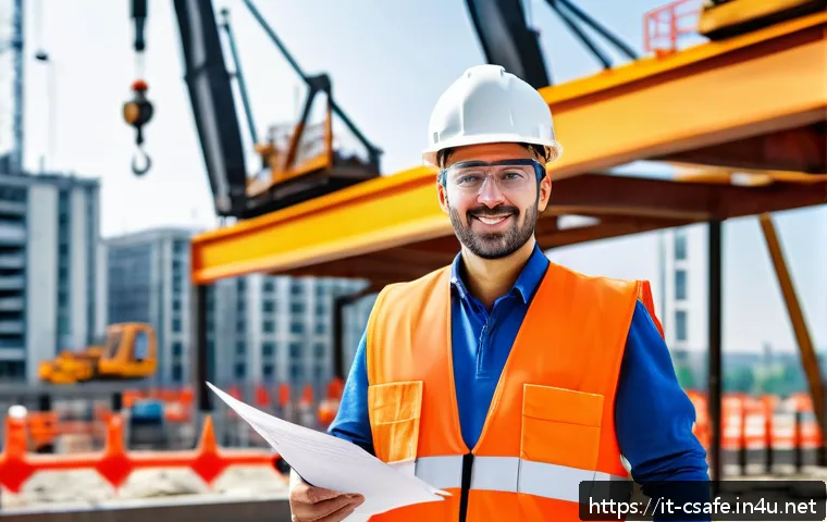 건설안전기사 취득 후 해외 진출 가능성 - A professional construction worker wearing a high-visibility safety vest, hard hat, and safety glass...