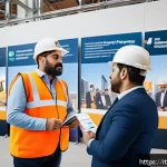 Home 20 건설안전기사 합격 후 경력관리 방법 - A professional networking event focused on construction site safety, showing diverse engineers and s...
