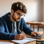 Home 18 건설안전기사 대비 모의고사 활용법 - A focused Italian adult student sitting at a wooden desk in a cozy, well-lit study room, surrounded ...